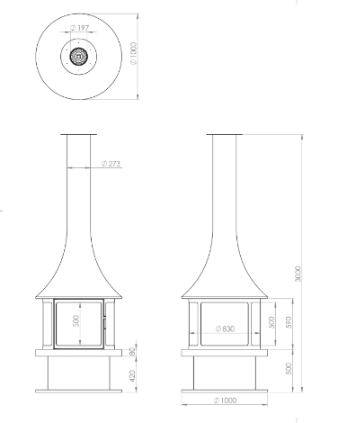 Yuvarlak Camlı Model Orta Şömine 90X90